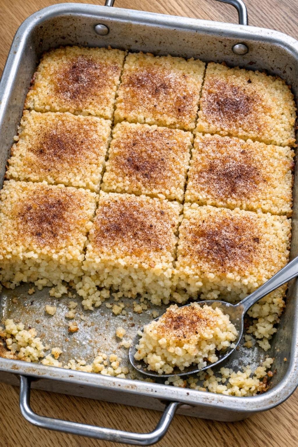 Finished baked couscous dessert in a roasting pan