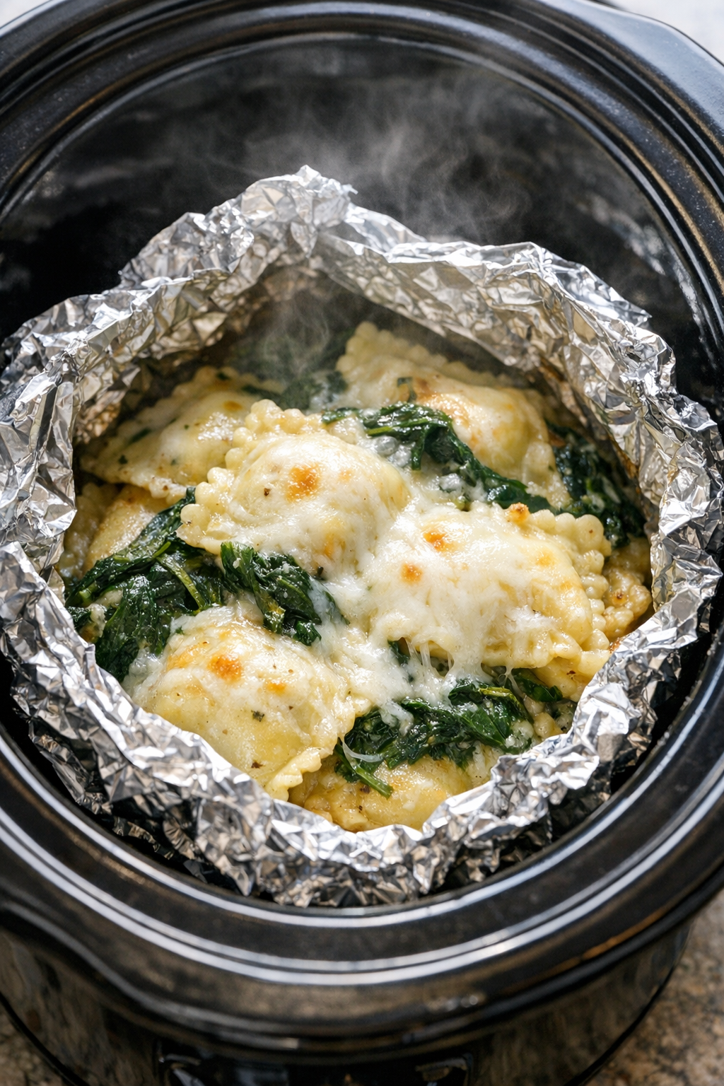 Opened foil packet with tender ravioli and melted cheese