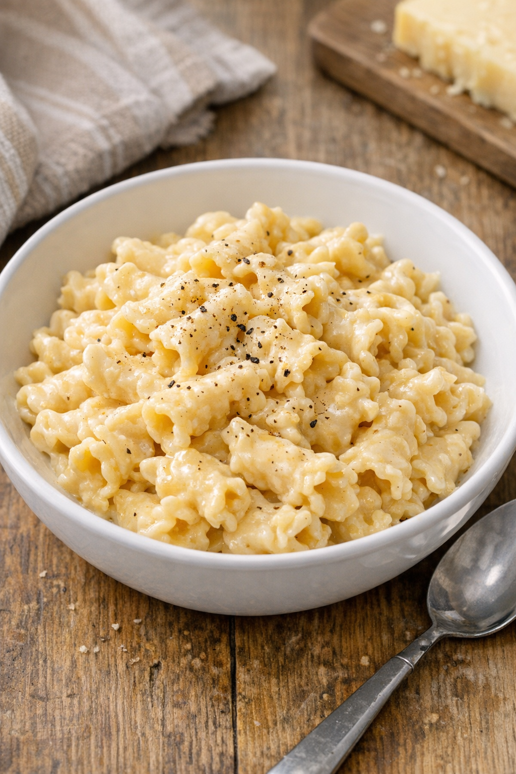 Finished campanelle mac and cheese in a bowl