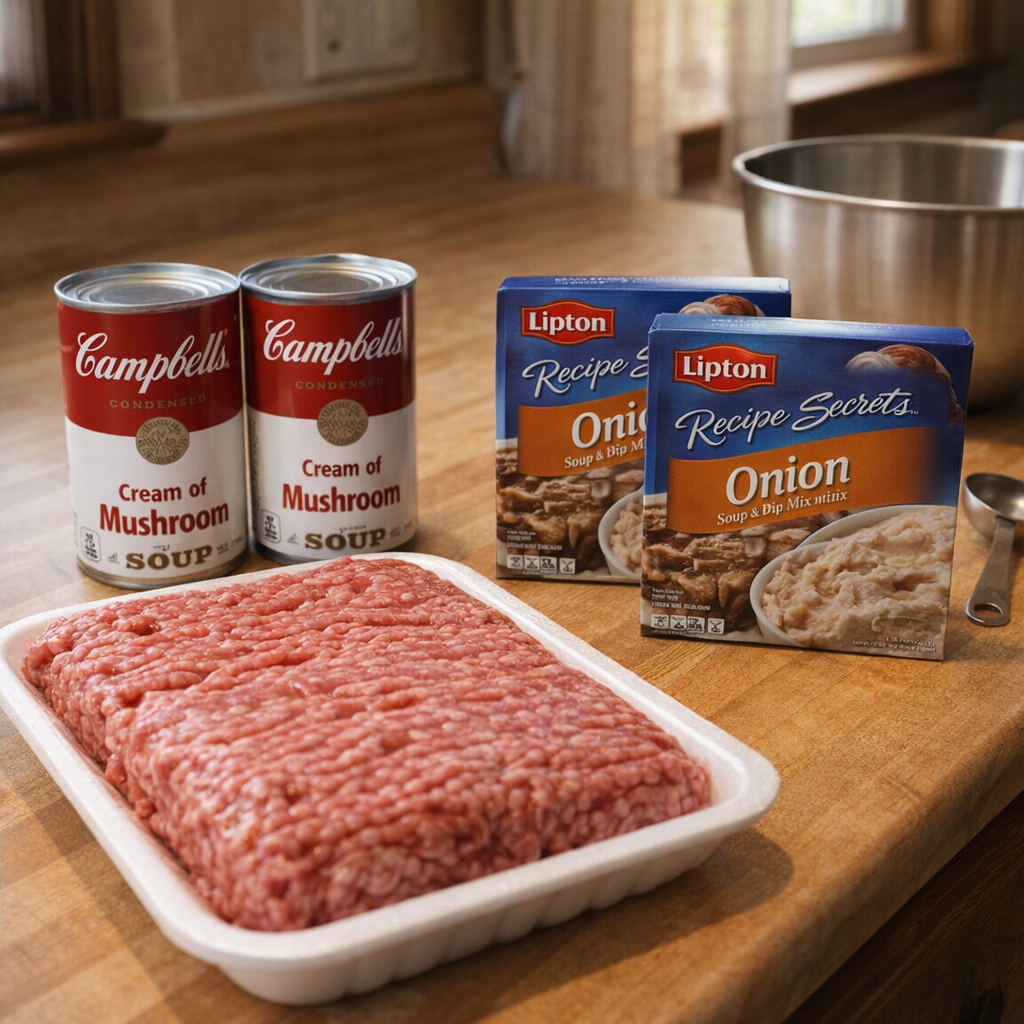 Three simple ingredients for poor man’s steak on a kitchen counter