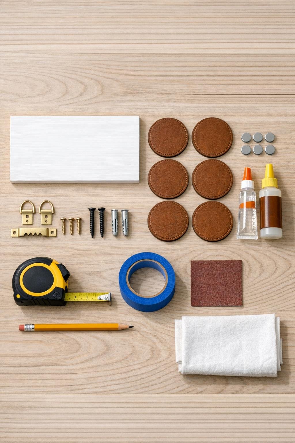 Materials for a leather coaster entryway pocket emptier laid out neatly