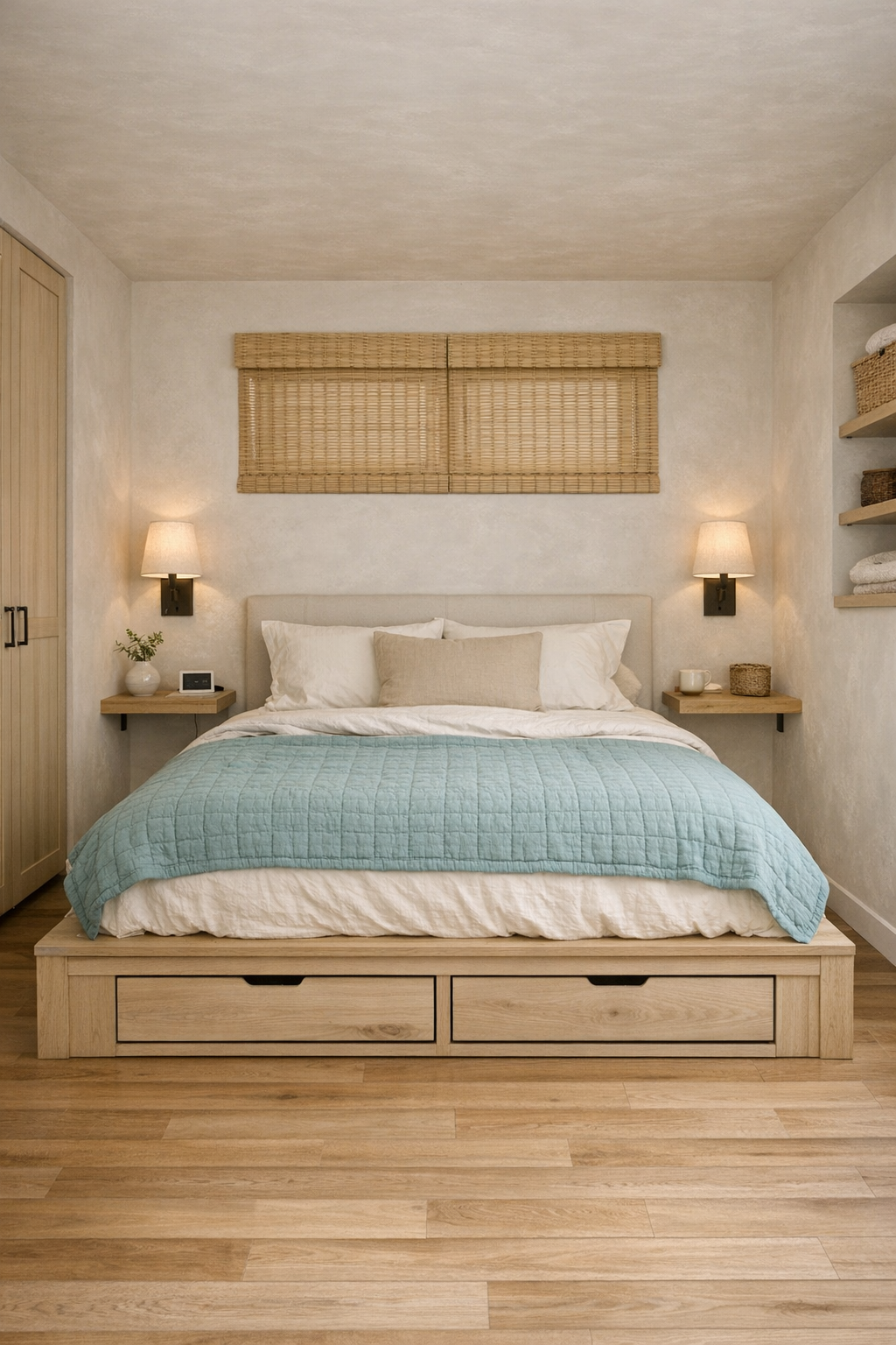 Minimal accessible tiny home bedroom with pale wood platform bed, seafoam textiles, and integrated storage