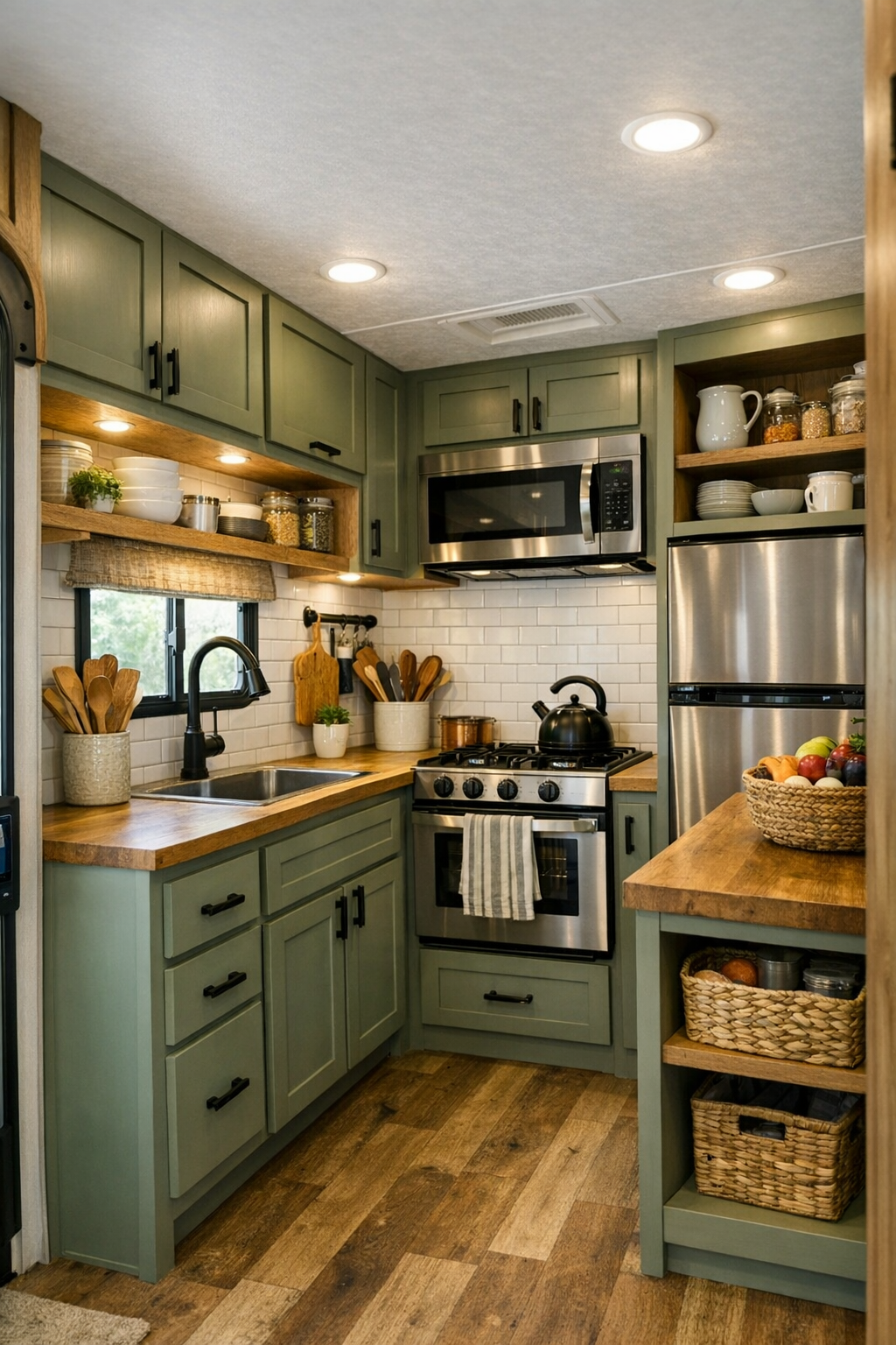 Compact sage and wood kitchen with shaker cabinets and bright counters
