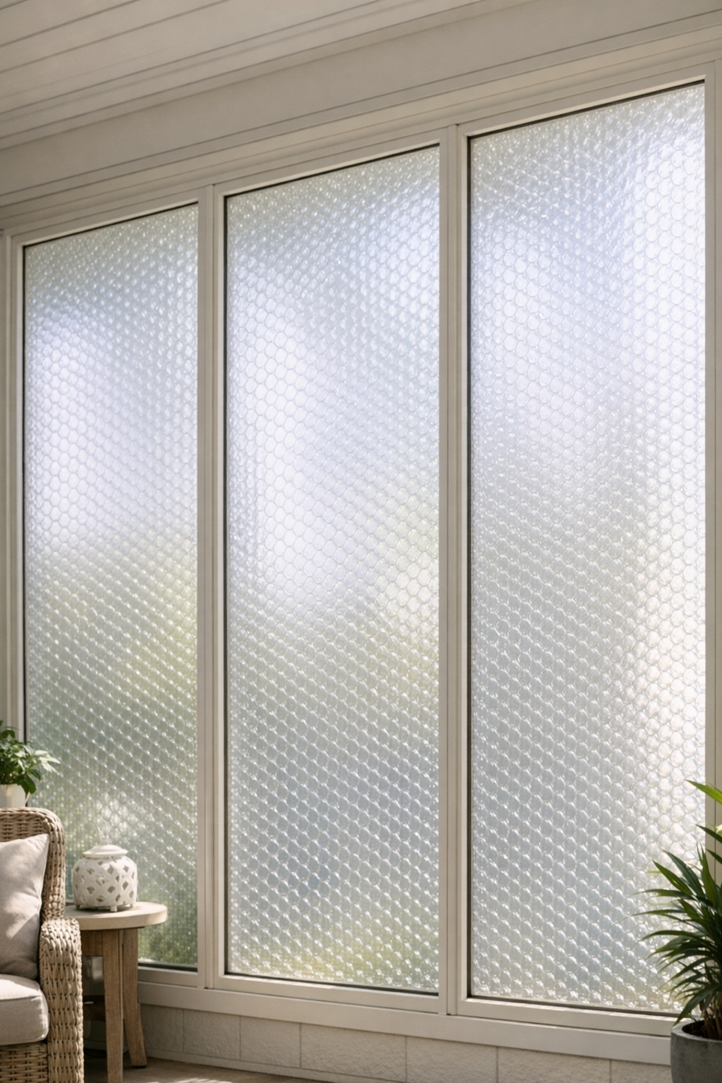Finished shatterproof patio panels made from fused bubble wrap installed in a patio setting