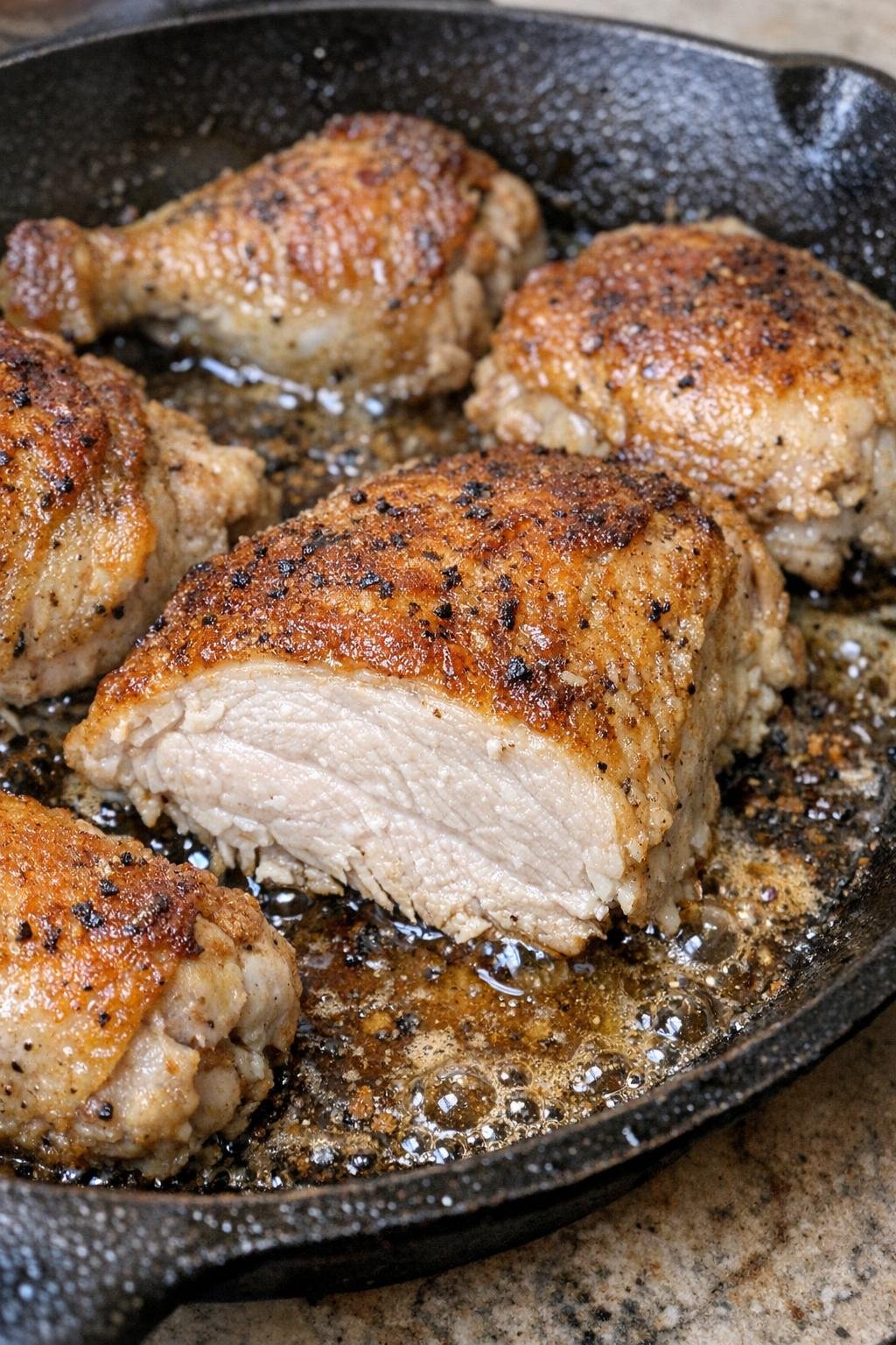 Golden pan-seared whole chicken pieces in a cast iron skillet