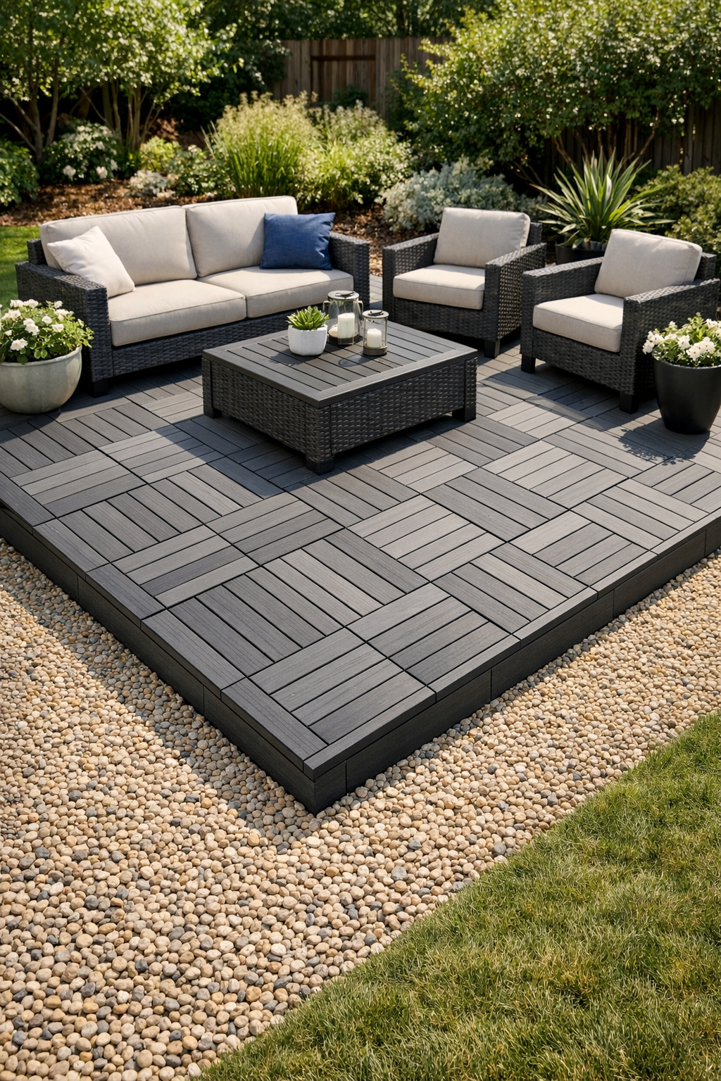 Finished gray composite tile floating deck in a backyard over a leveled gravel bed