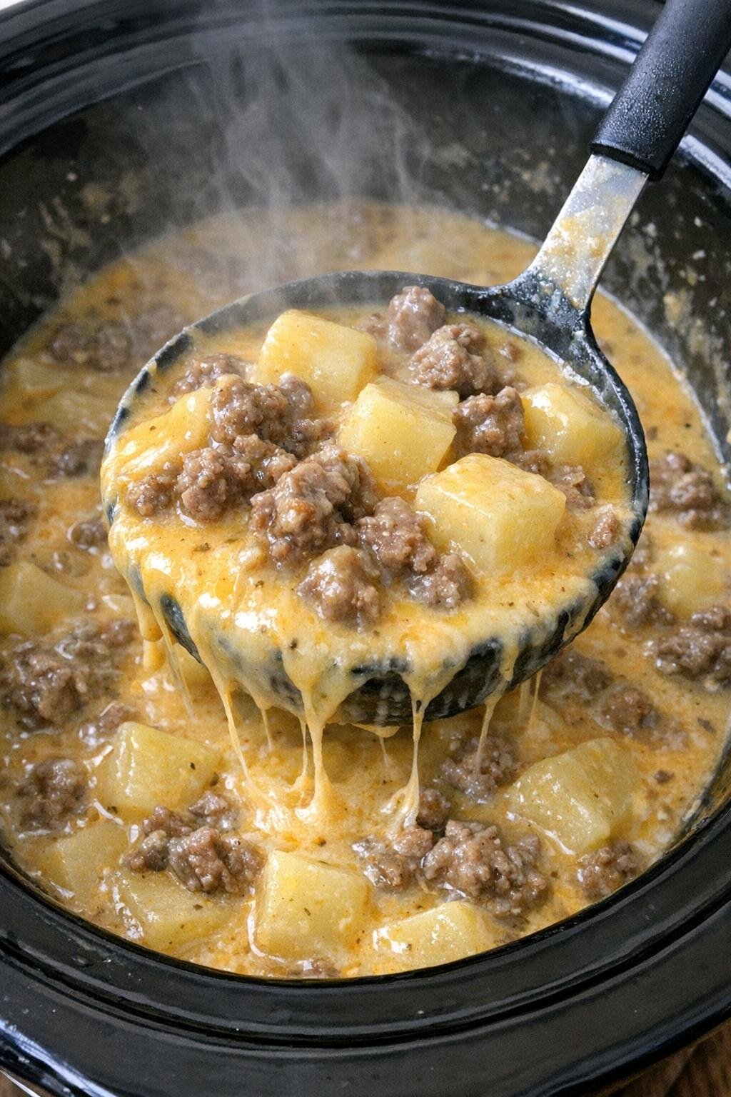Cheesy beef and potato soup in a slow cooker