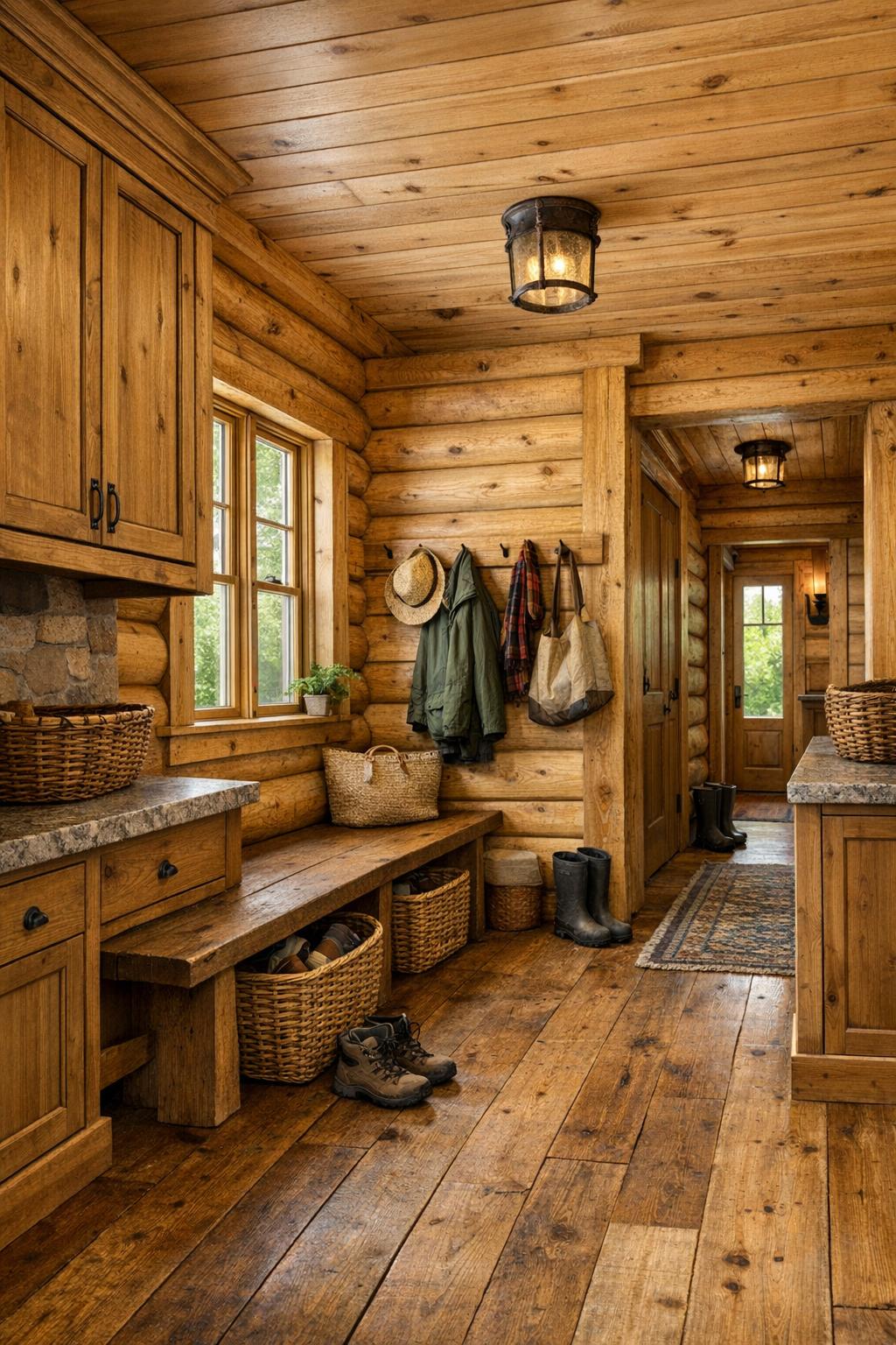 Mudroom and hall area with built-in wood storage, bench seating, and wide-plank floors