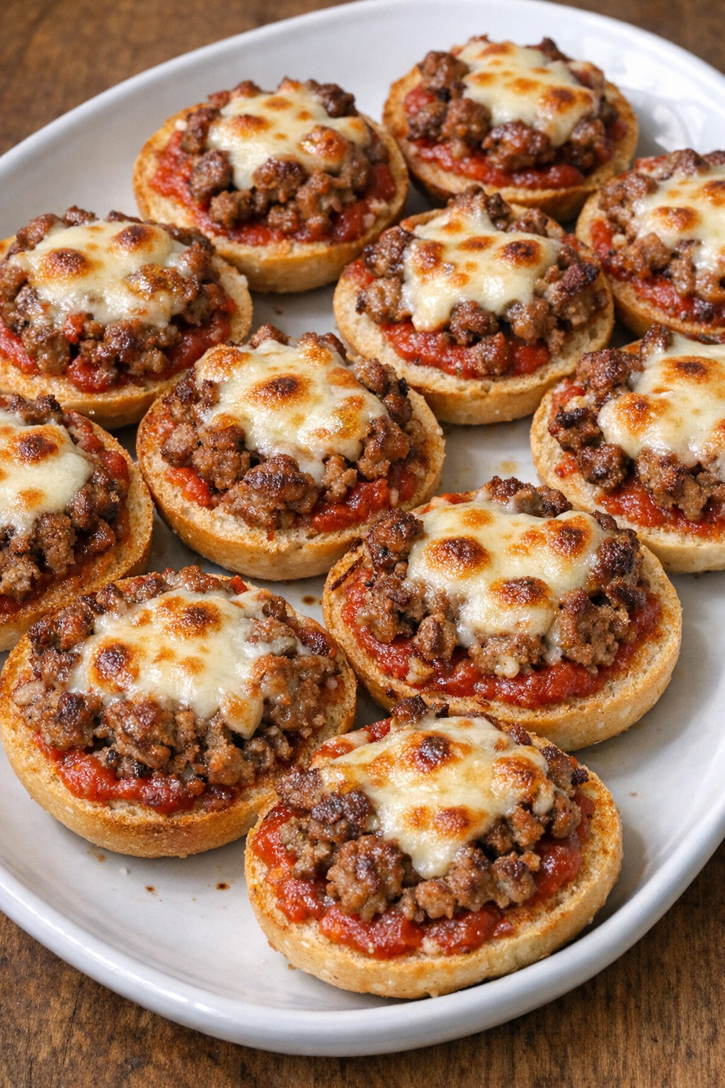 Close up of baked beef bagel bites with melted mozzarella