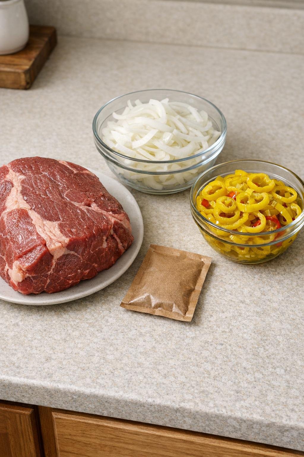 Finished Amish-style beef roast with hot pepper rings in a baking dish