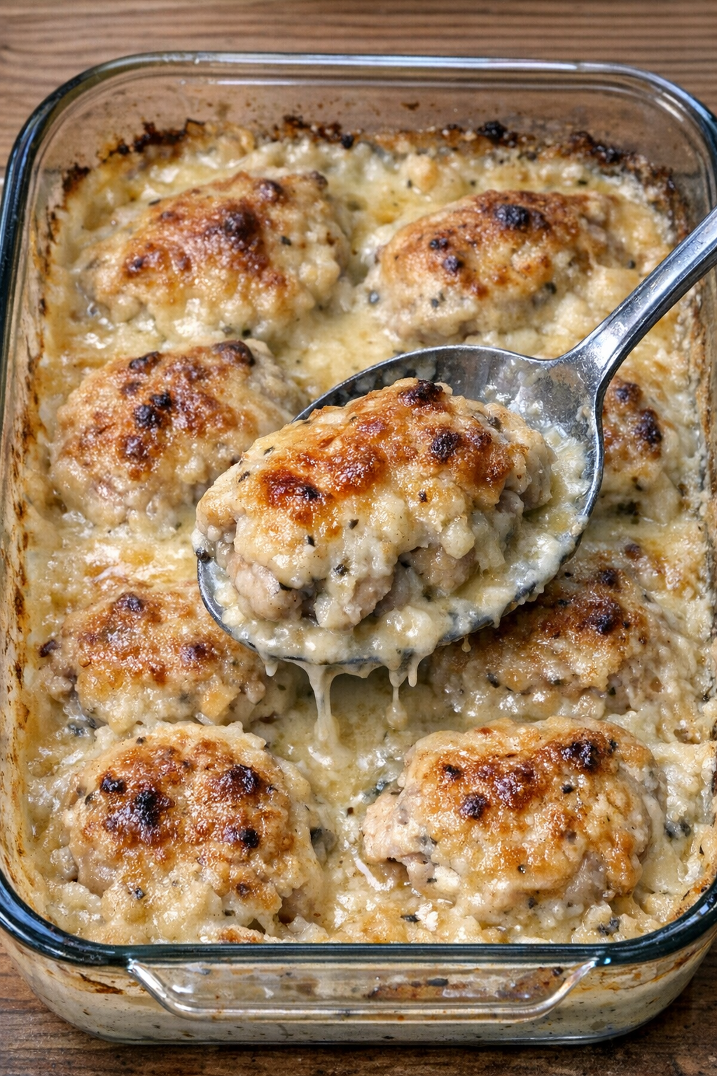 Chicken thighs in creamy sauce with golden bubbling top in a rectangular Pyrex dish