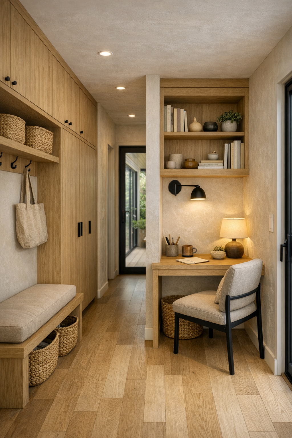 Thoughtful hallway and nook with built-in oak storage, bench seating, and soft lighting