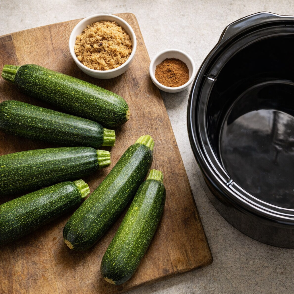 Whole zucchini beside a slow cooker and brown sugar