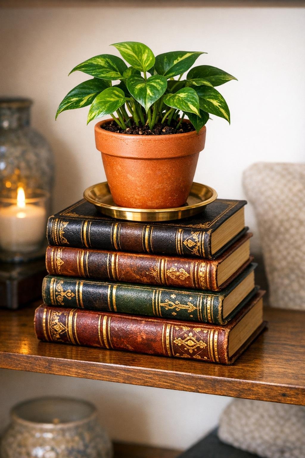 Finished plant pedestal made from stacked vintage books with a terracotta pot on a brass saucer