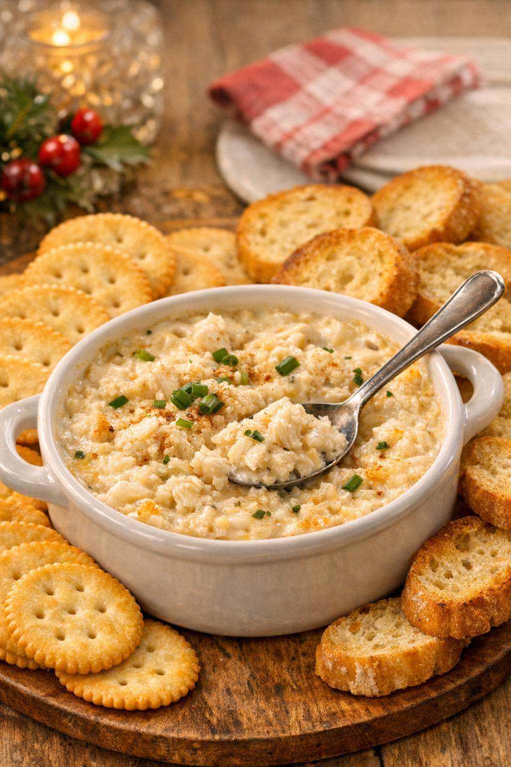 Finished slow cooker crab spread served warm