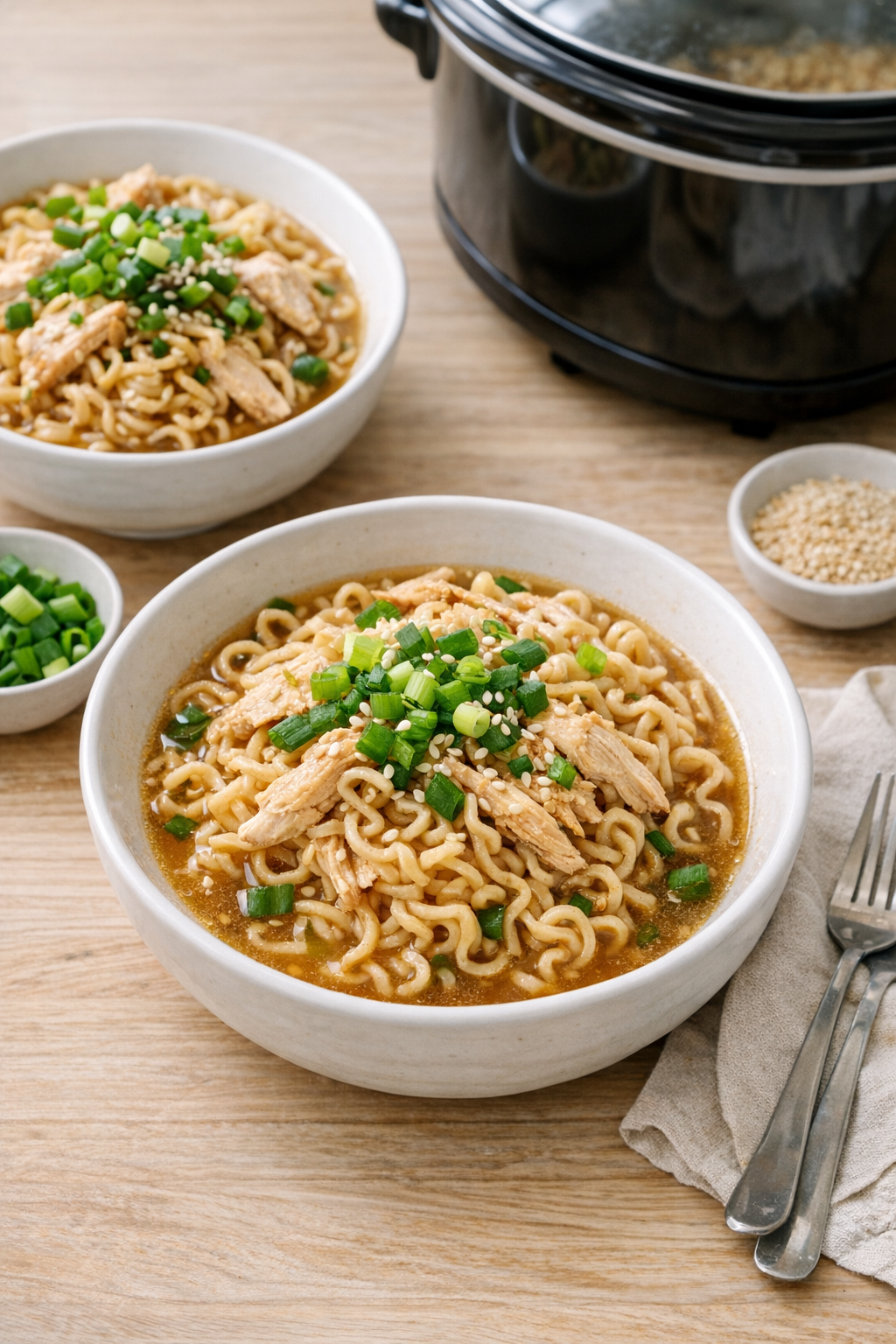 Finished slow cooker ramen in bowls