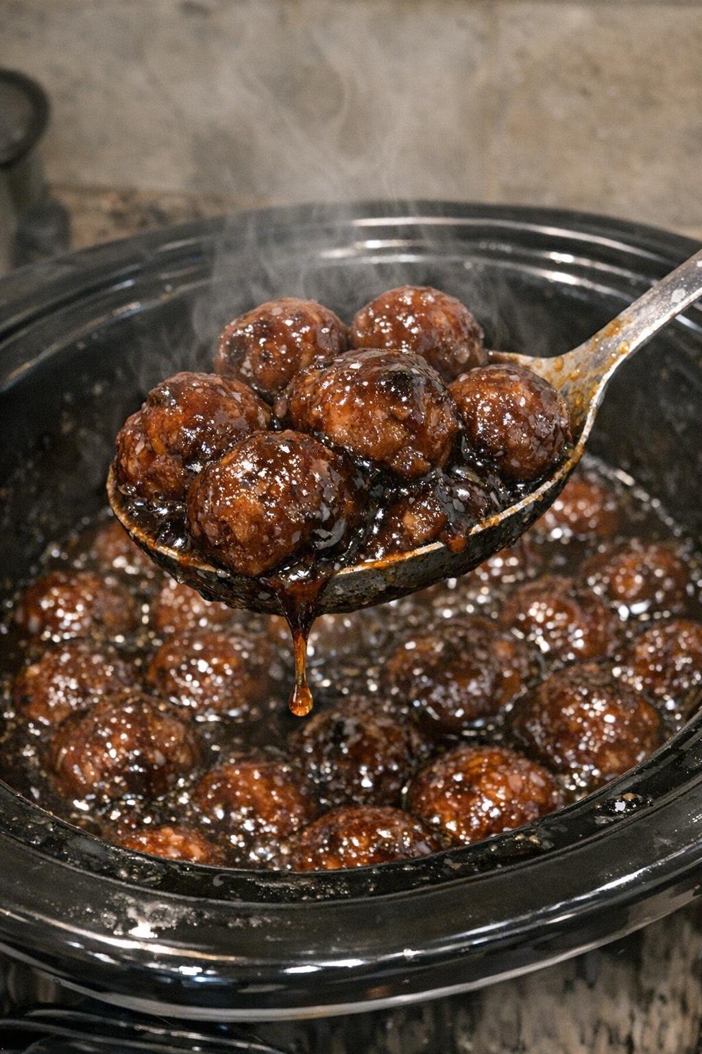Glossy caramelized meatballs bubbling in a slow cooker