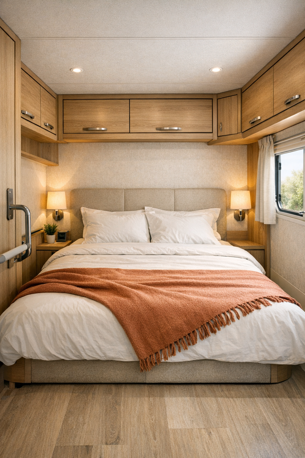 Cozy RV camper bedroom with low bed, warm wood paneling, and soft neutral bedding