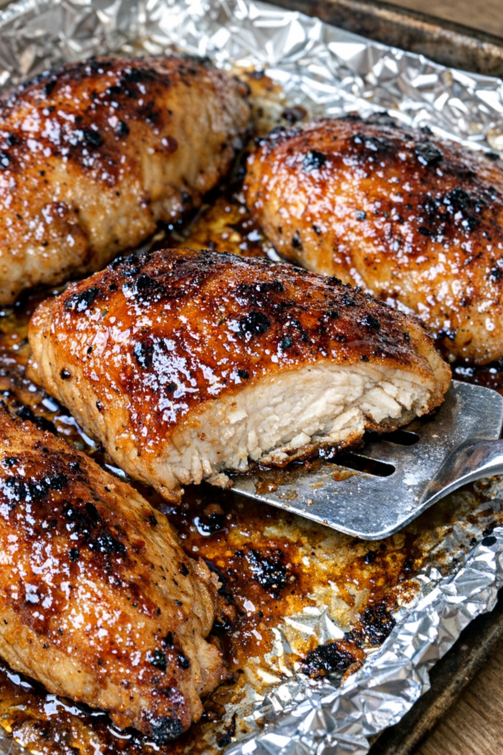 Caramelized glazed chicken breasts on a foil-lined baking sheet