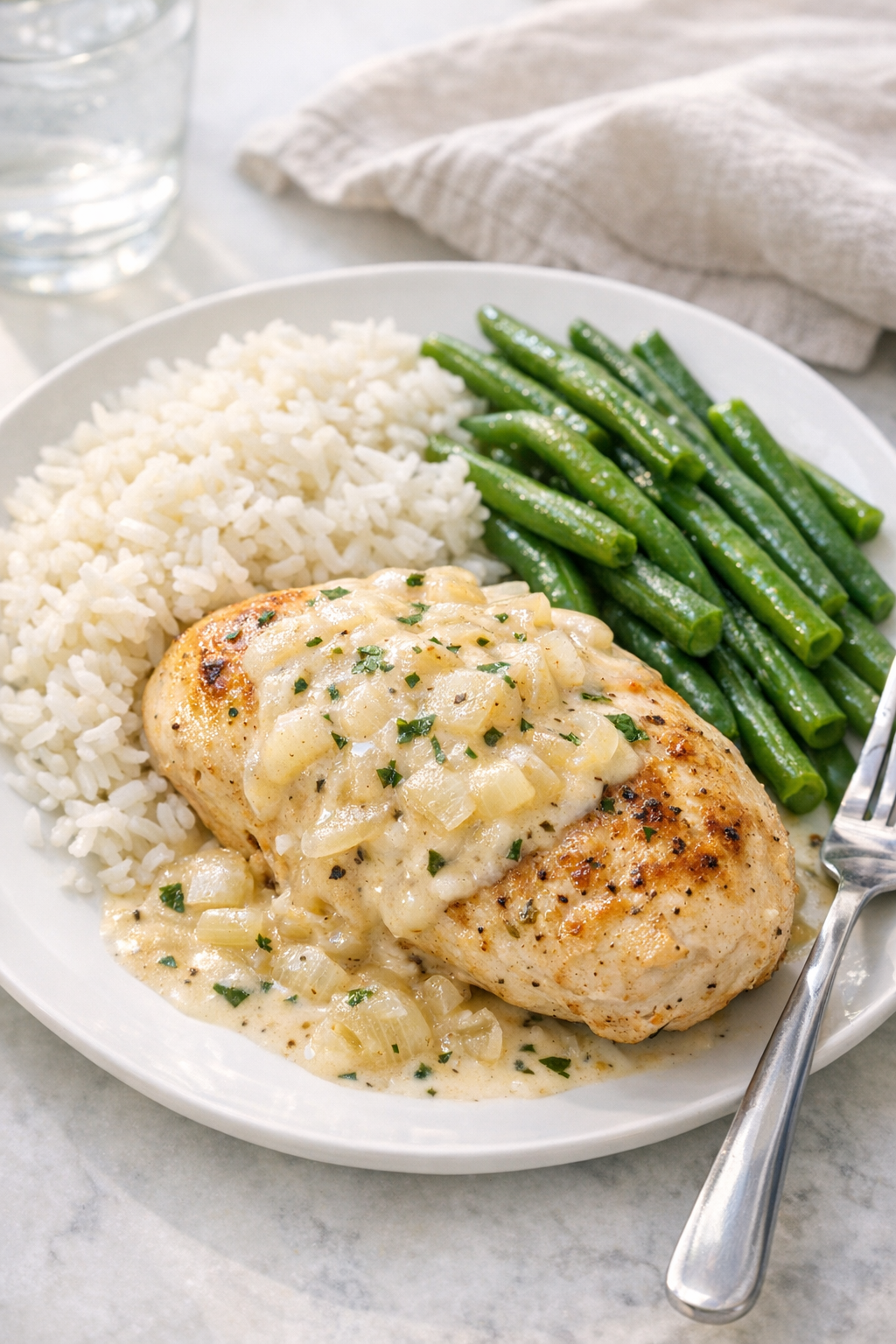 Final plated oven chicken with rice and green beans