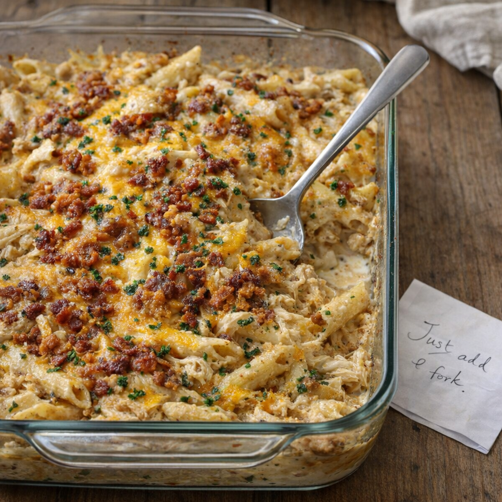 Creamy chicken pasta casserole resting on a farmhouse counter