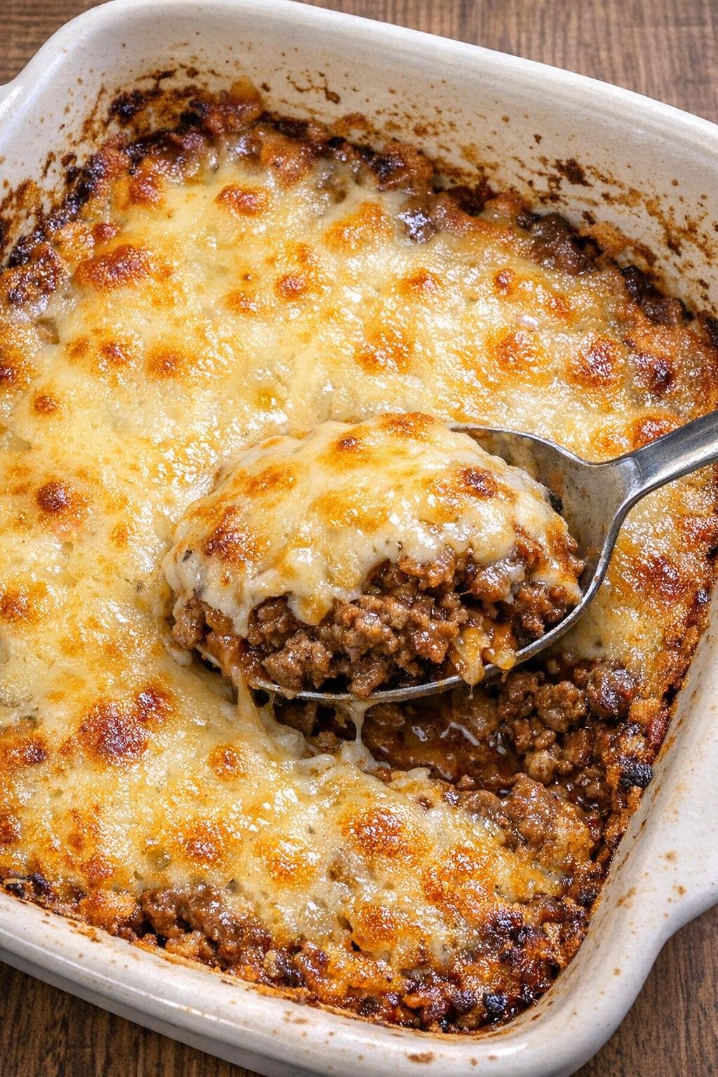 Baked beef casserole with melted cheese in a ceramic dish