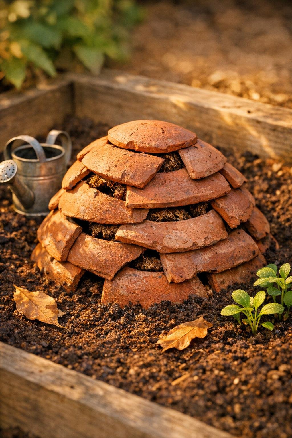 Finished worm habitat made from broken terracotta pots in a garden bed