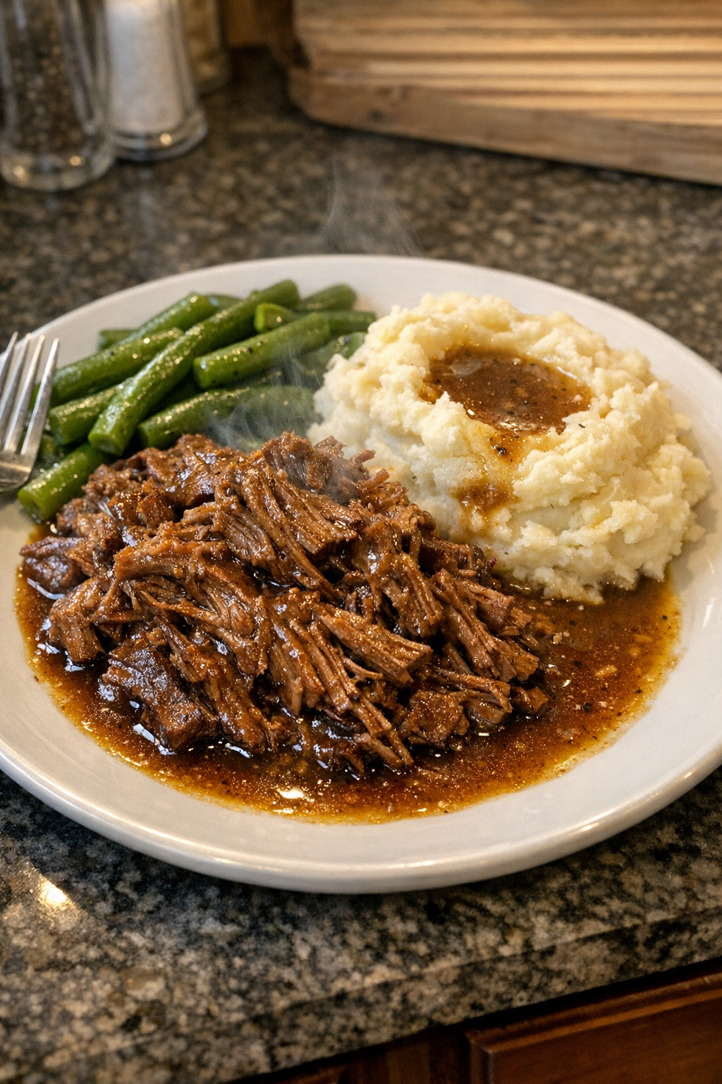 Finished plated shredded beef with rich brown sauce