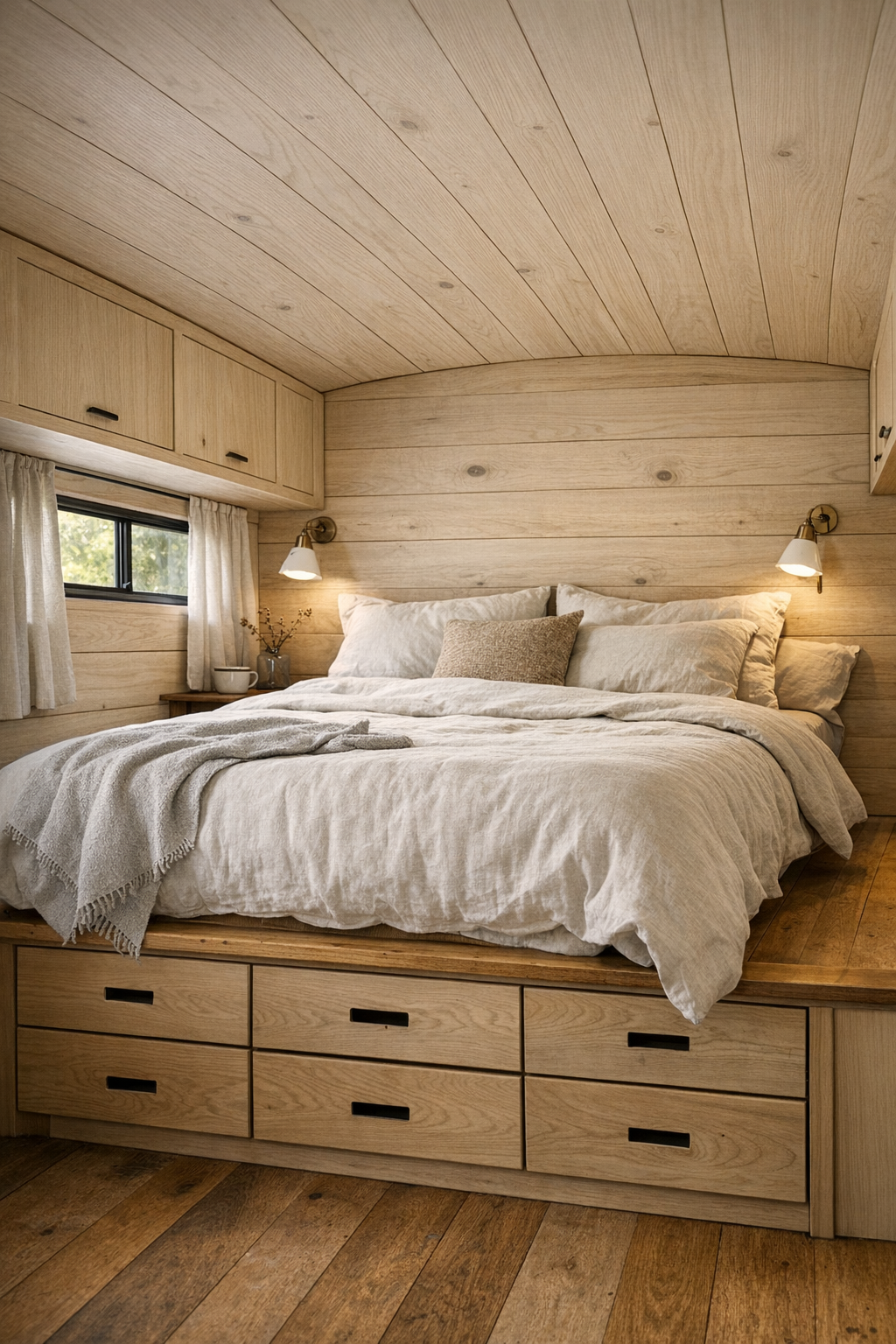 Serene bus bedroom with raised platform bed and built-in storage
