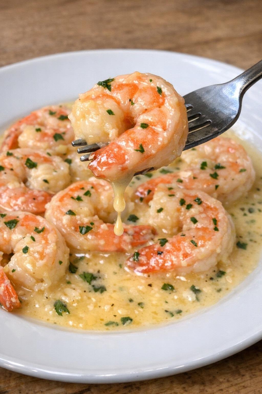 Plump shrimp in garlic butter cream sauce on a white plate