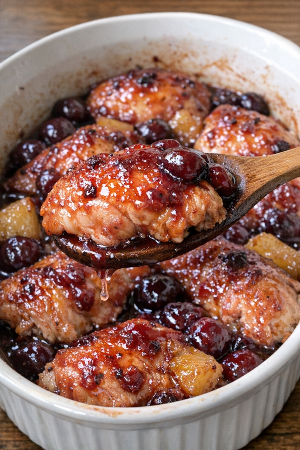 Golden brown chicken in cherry sauce in a white casserole dish