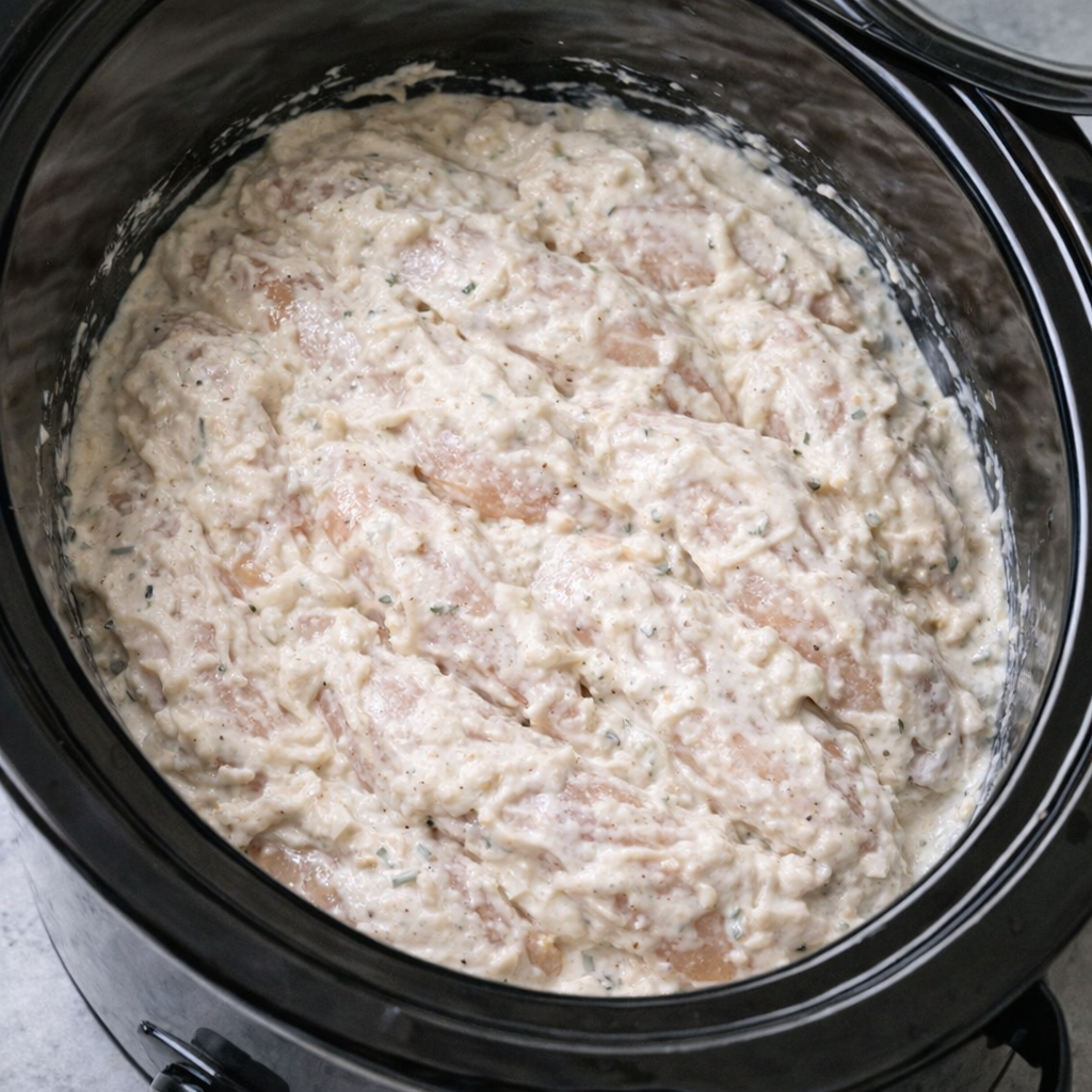 Slow cooker filled with chicken and creamy sauce before cooking