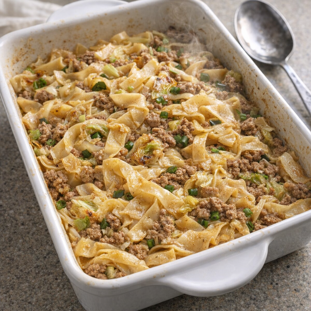 White casserole dish of egg roll pasta on a kitchen counter