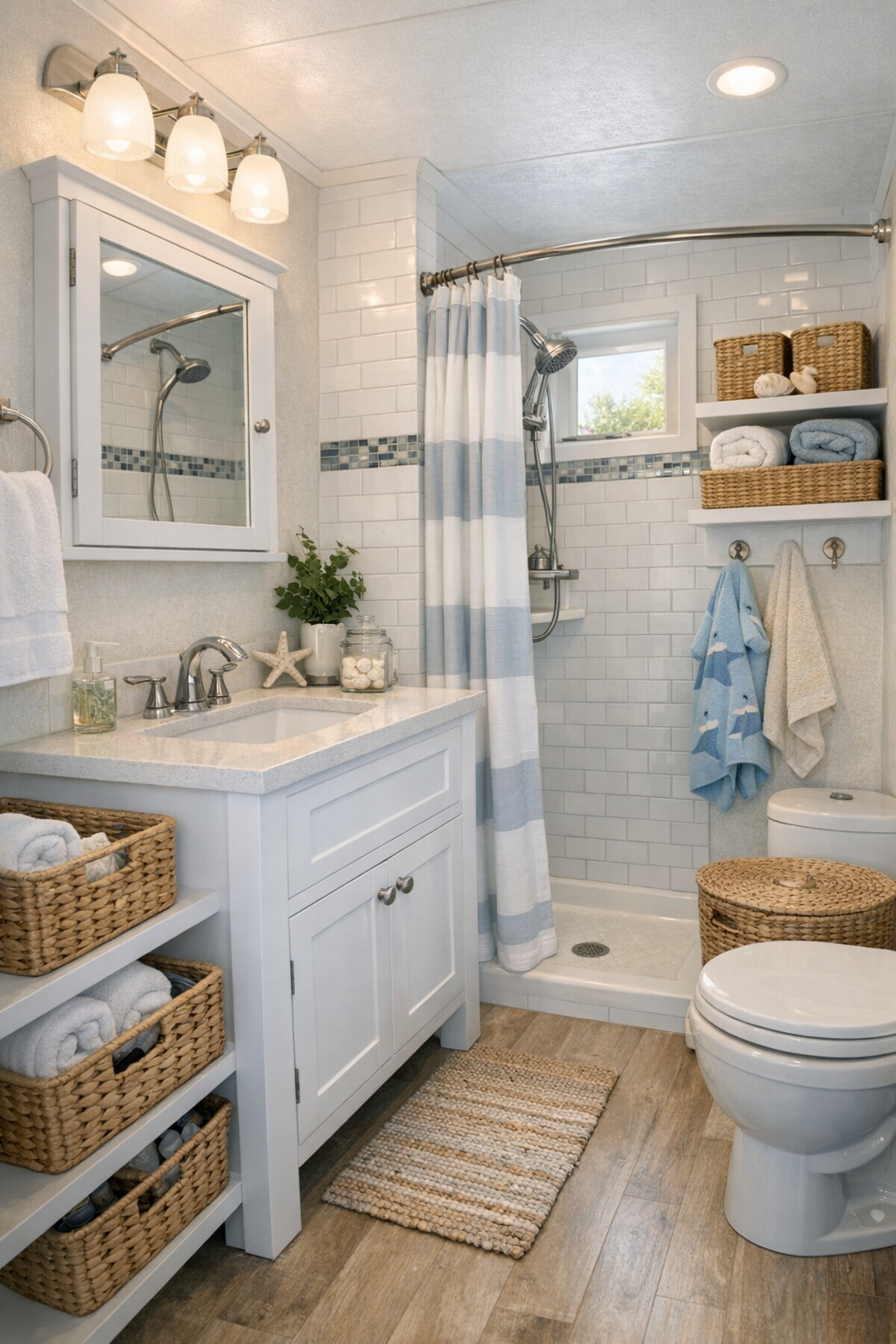 Bright cottage bathroom with white vanity and subway tile shower