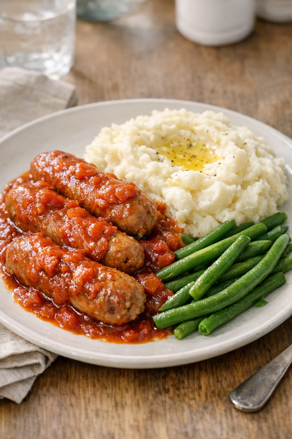 Plated slow cooker Italian sausage with sauce and a side