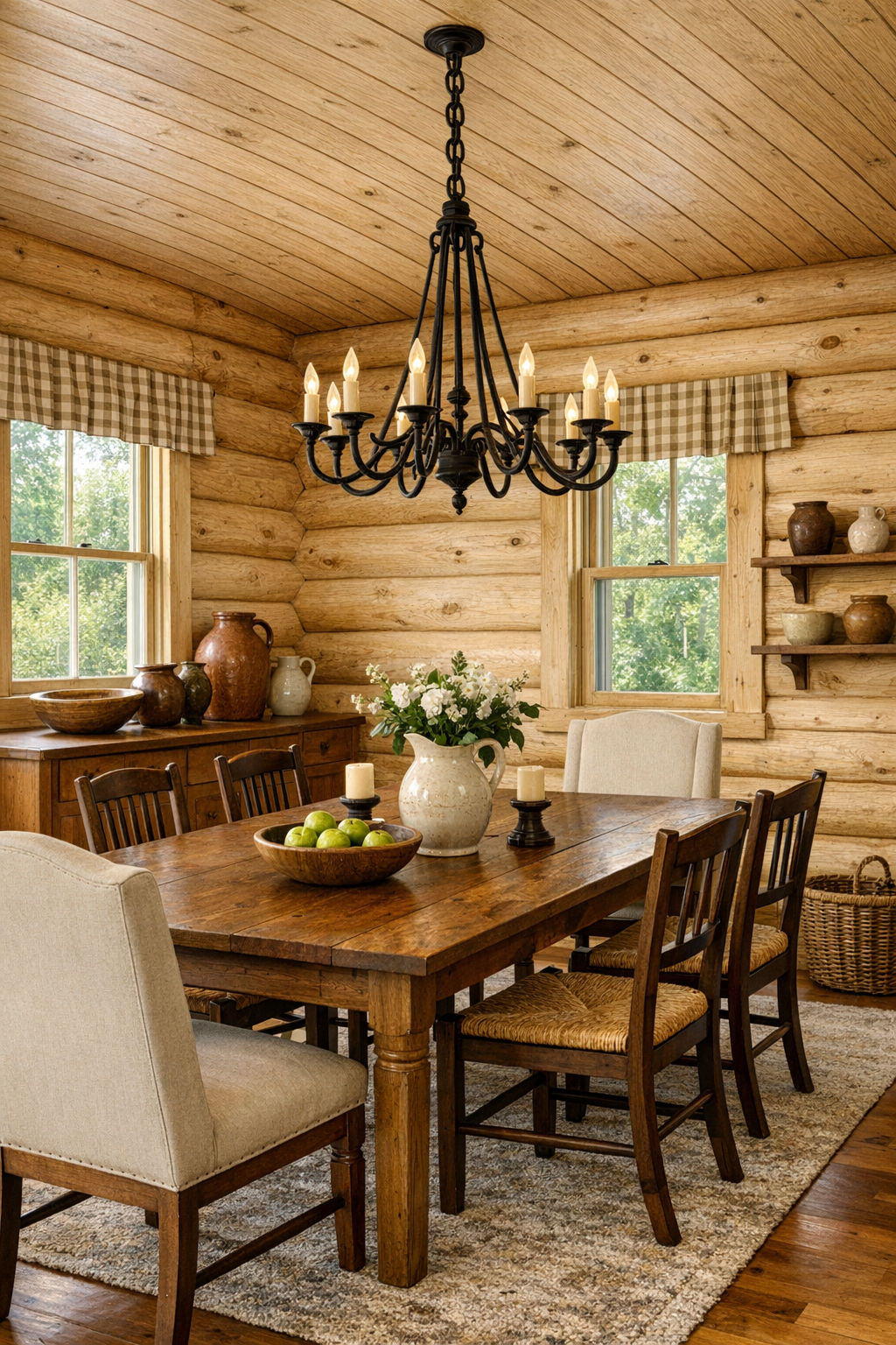 Traditional dining room with wood table, classic chairs, and warm log walls