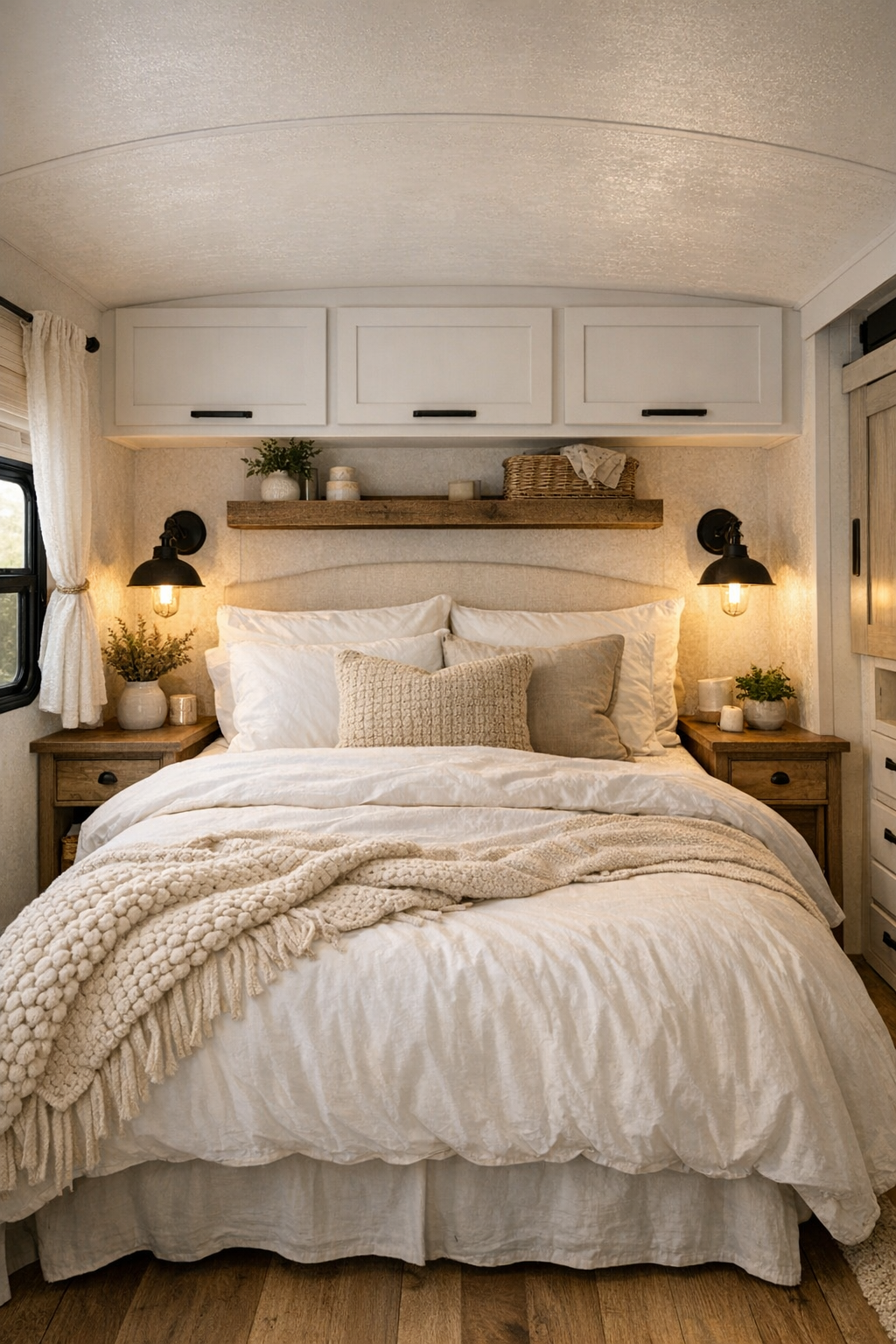 Cozy farmhouse bedroom with soft white bedding, wood accents, and black reading sconces