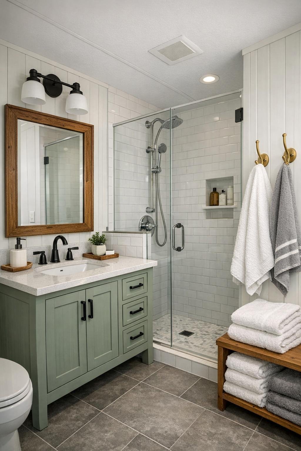 Charming small bathroom with paneling, tile, and a walk-in shower