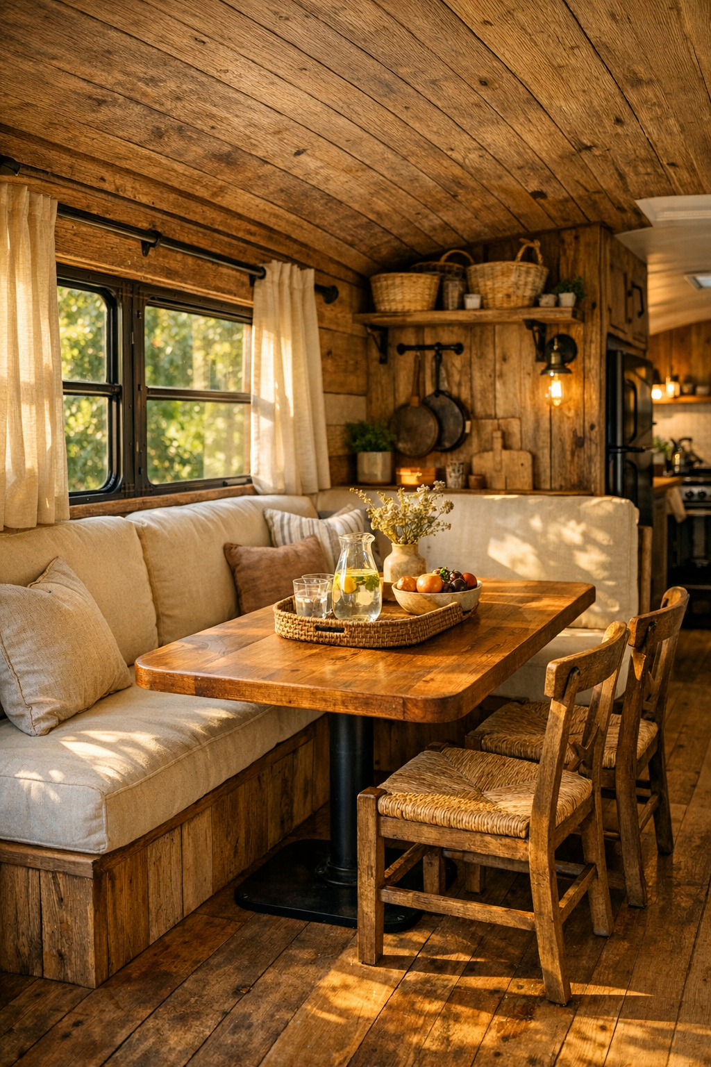 Compact bus dining nook with banquette and wood table