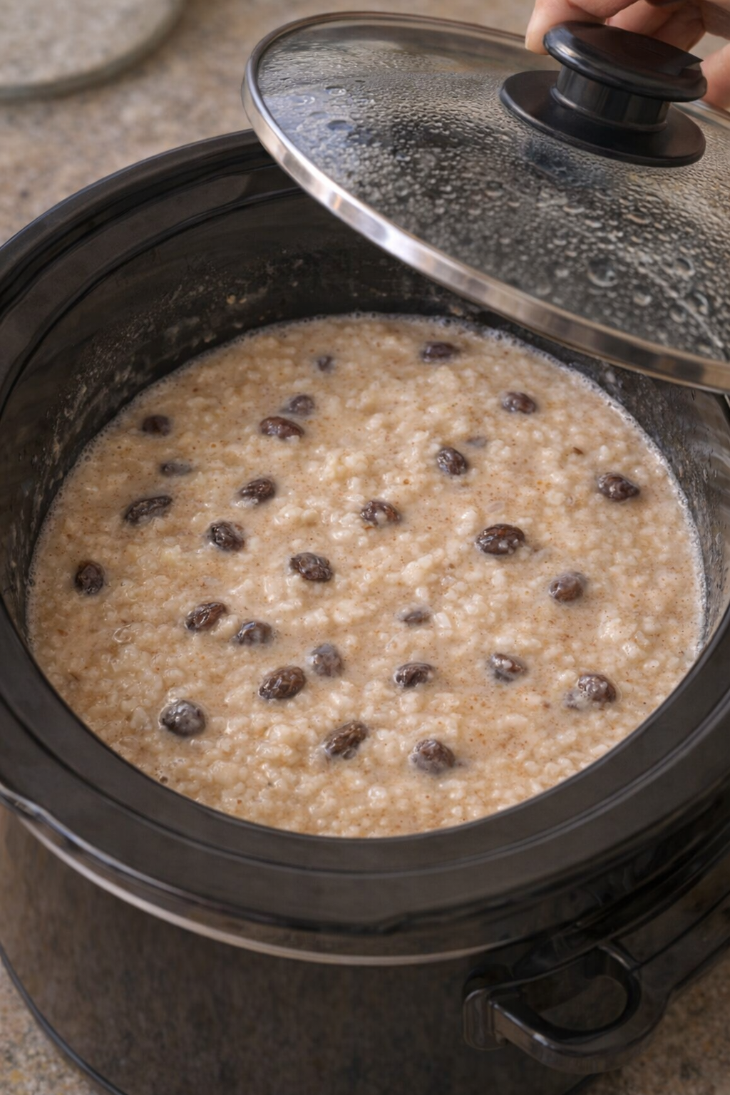 Slow cooker rice pudding midway through cooking