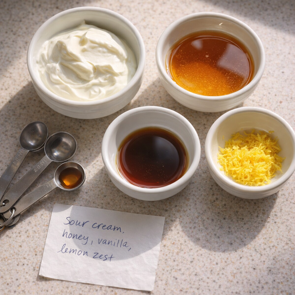 Small bowls of sour cream, honey, and lemon zest for pie testing