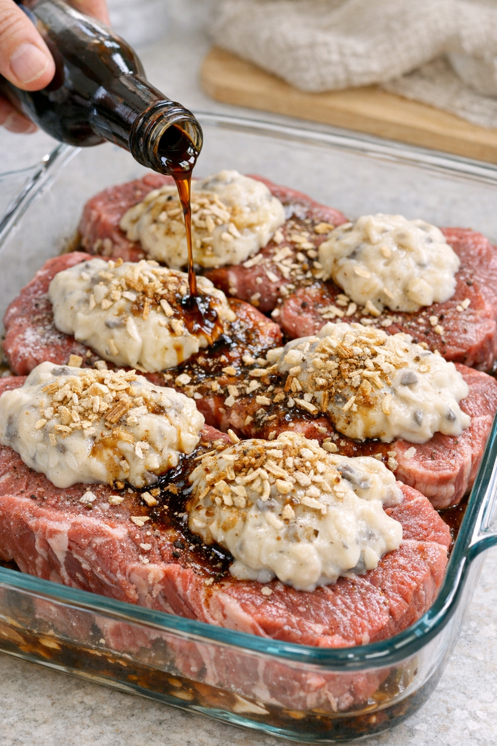 Cream soup and onion soup mix spread over raw steak