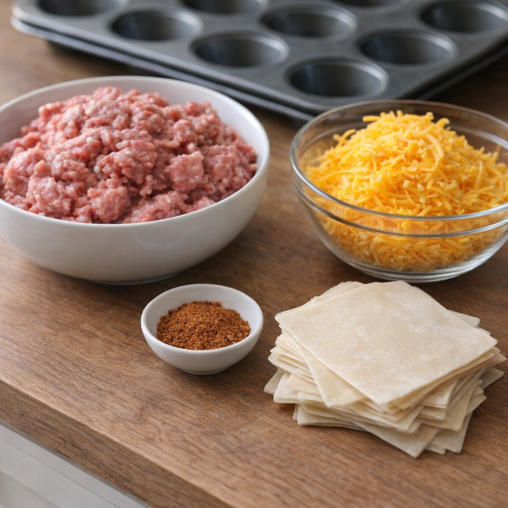 Taco cup ingredients arranged on a kitchen counter