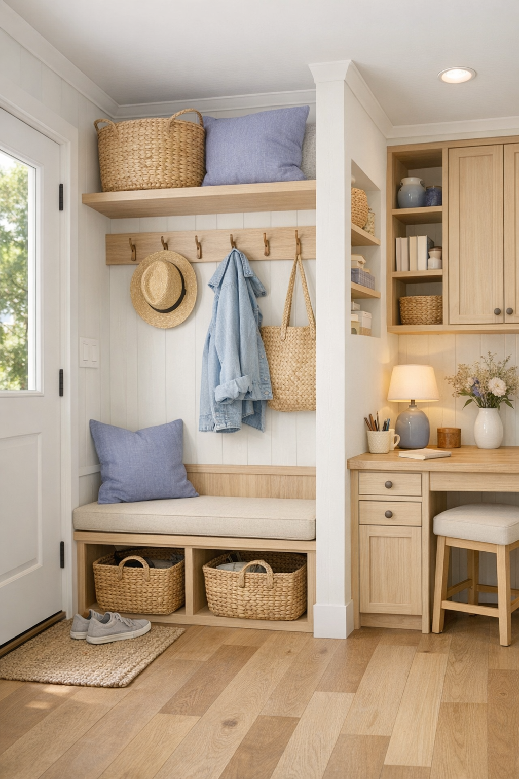 Smart tiny home entry and multipurpose nook with built-in storage, bench seating, and a compact work area