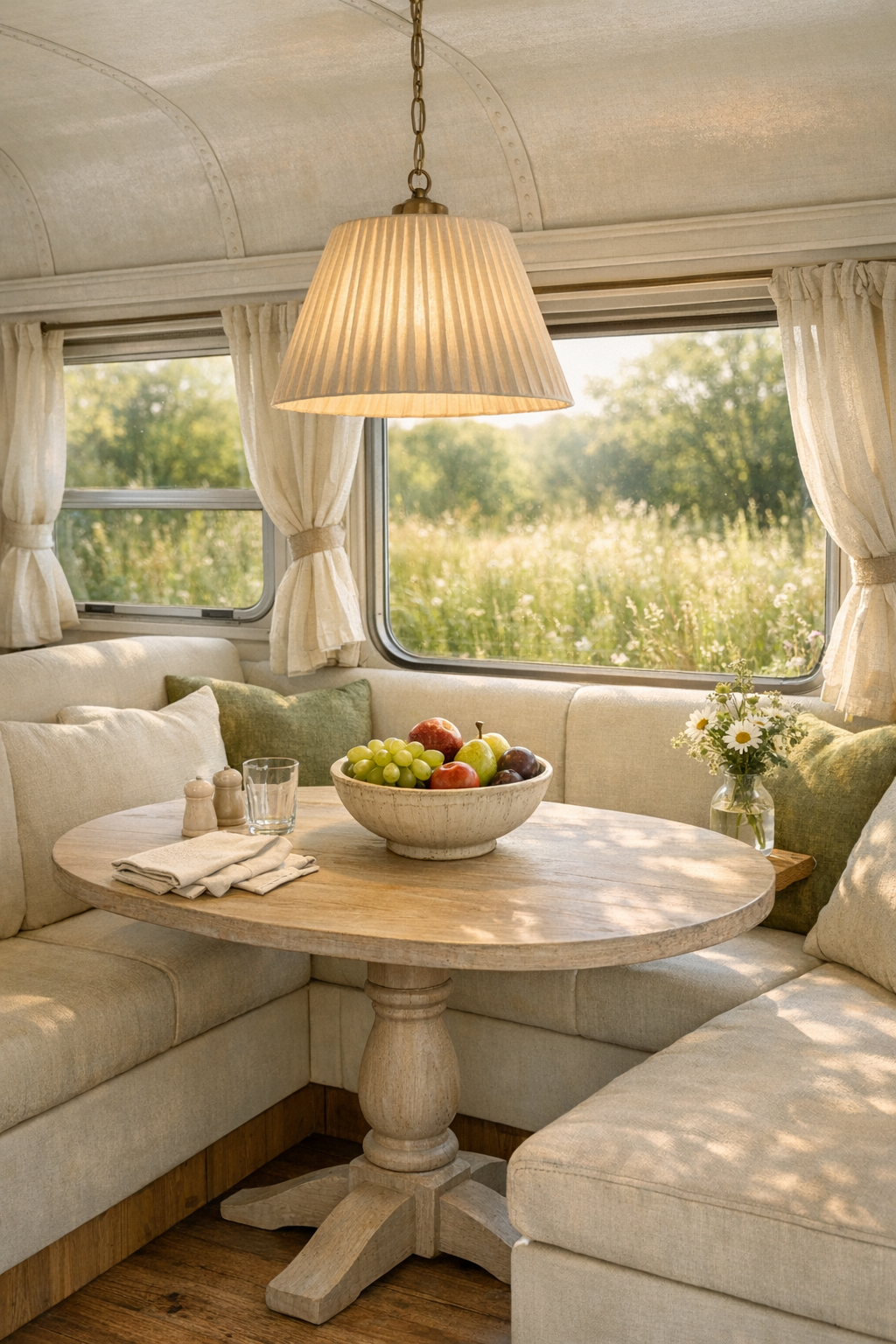 Window-lined dining nook with banquette seating inside a converted bus