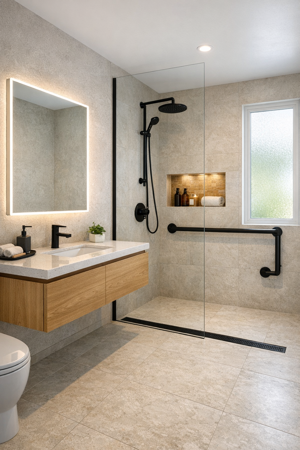 Accessible bathroom with flush-entry shower, floating oak vanity, and limestone-look tile