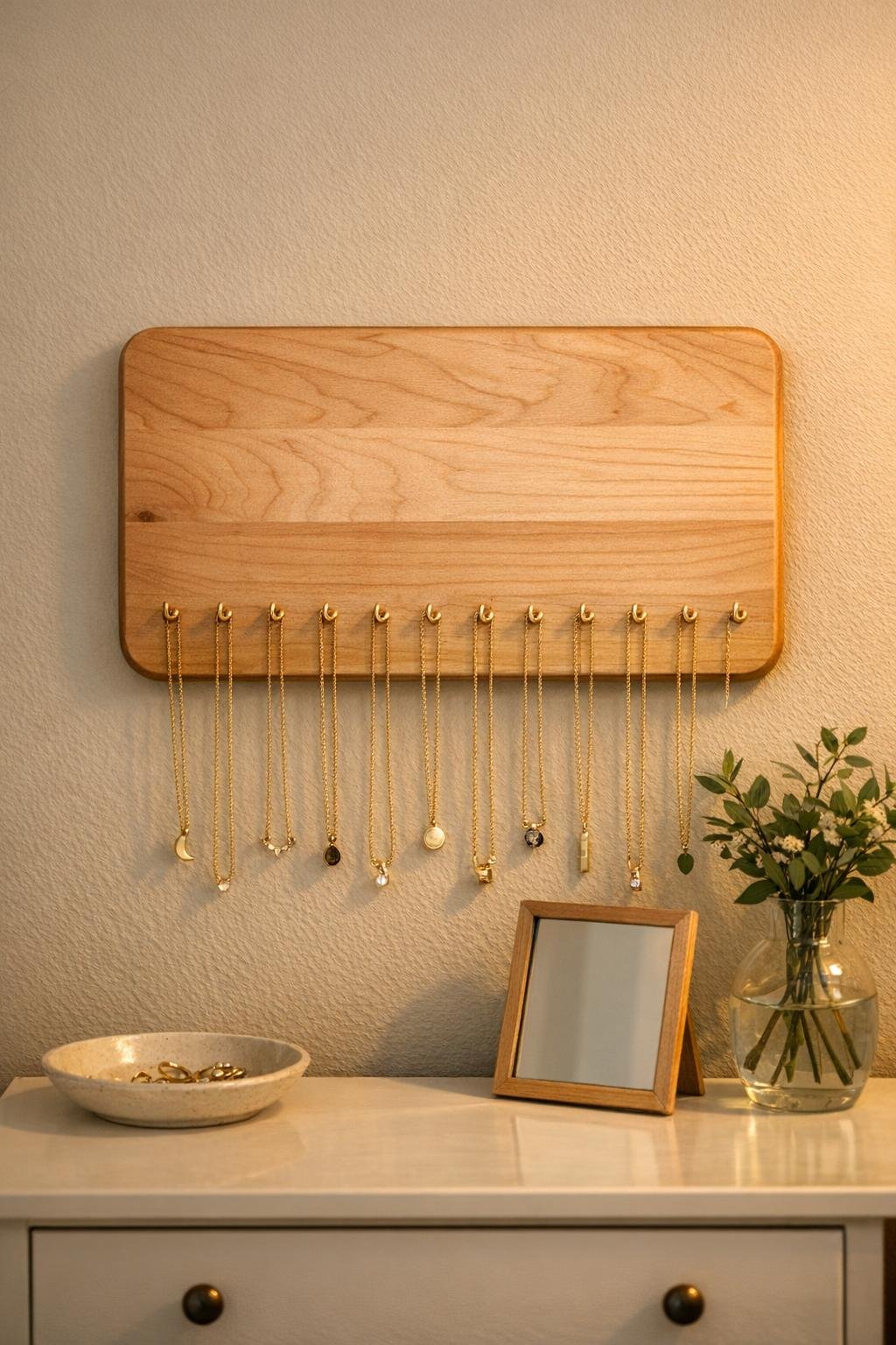 Finished necklace organizer made from a maple cutting board hanging in a bedroom