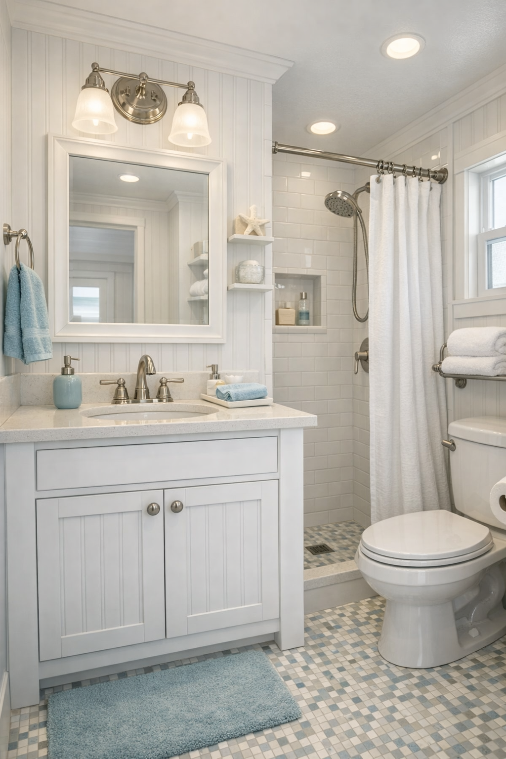 Charming cottage bathroom with beadboard vanity and bright finishes