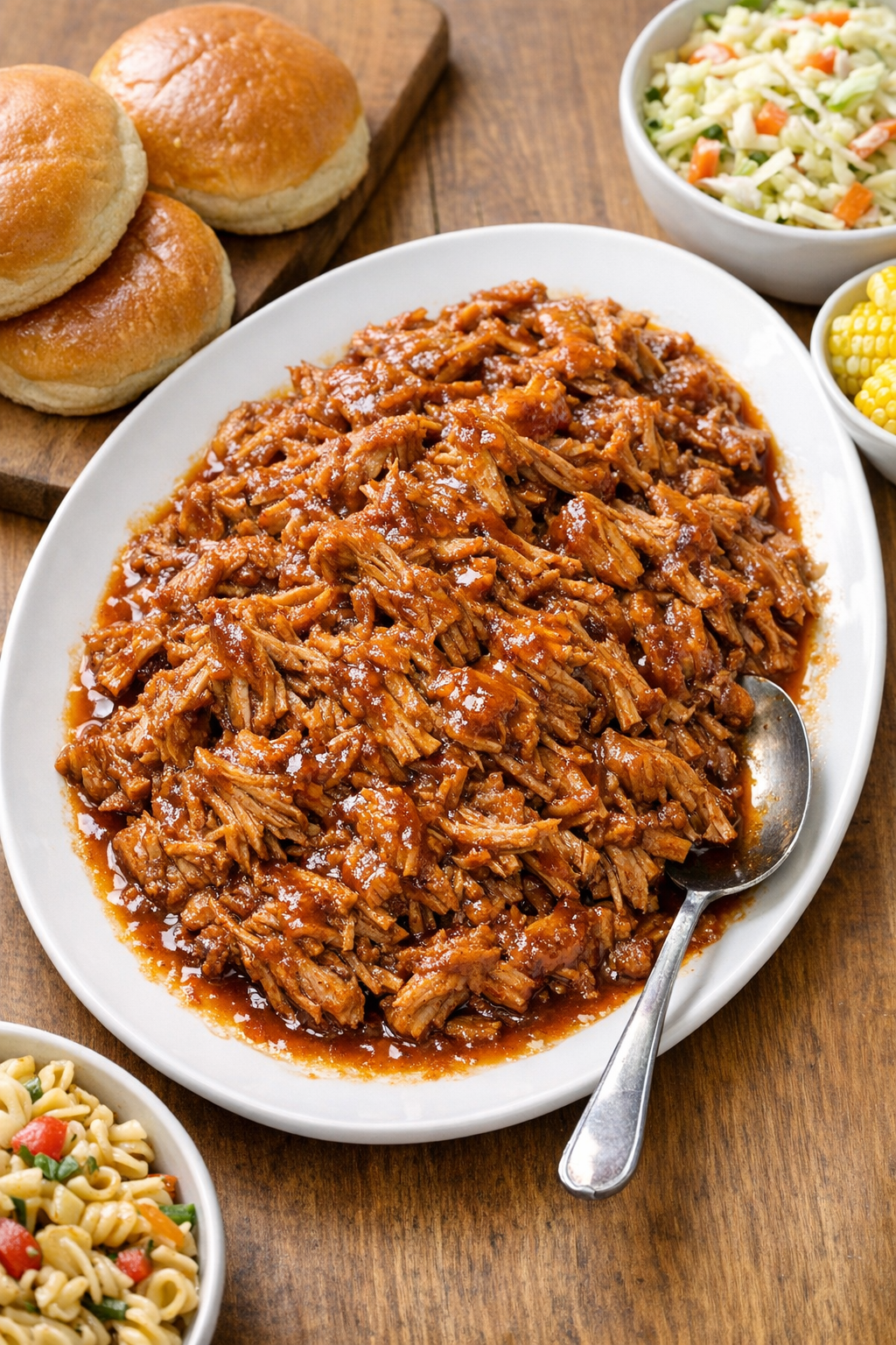 Finished shredded pork plated with sauce
