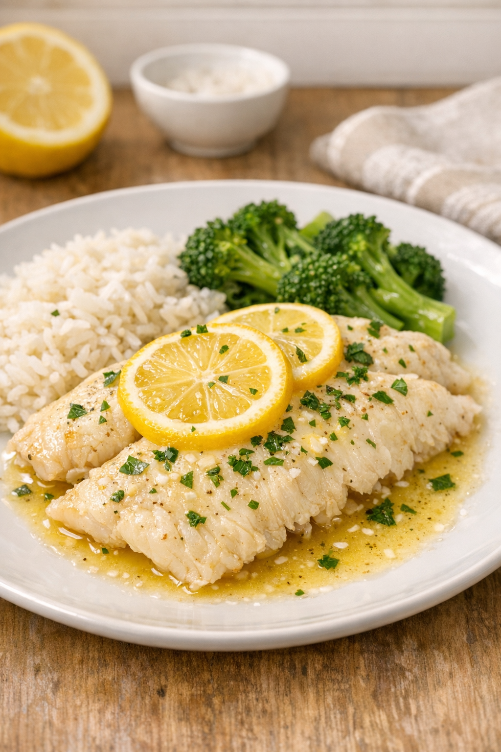 Plated slow cooker flounder with lemon and parsley